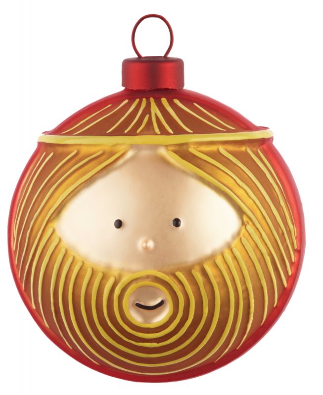 Alessi Weihnachtskugel Josef: Rote Christbaumkugel mit stilisierter Darstellung von Josef, Teil der Weihnachtskrippe.